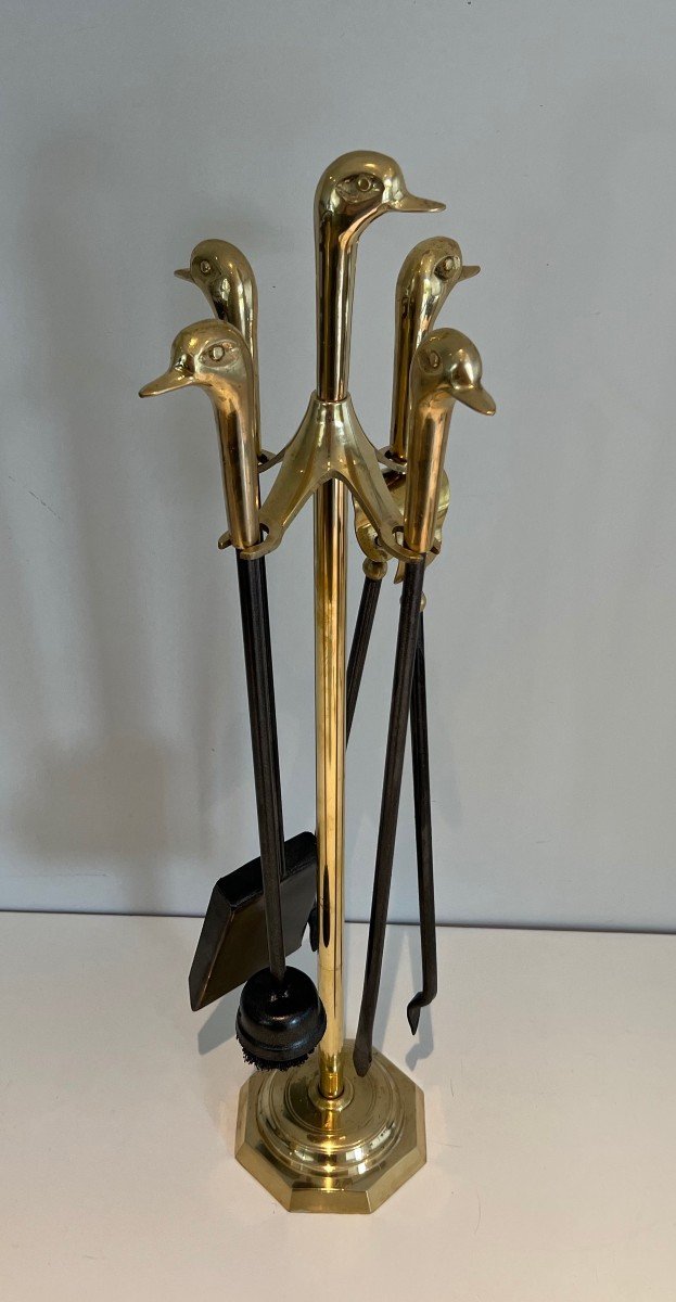 Brass And Lacquered Metal Ducks Fireplace Tools On Stand