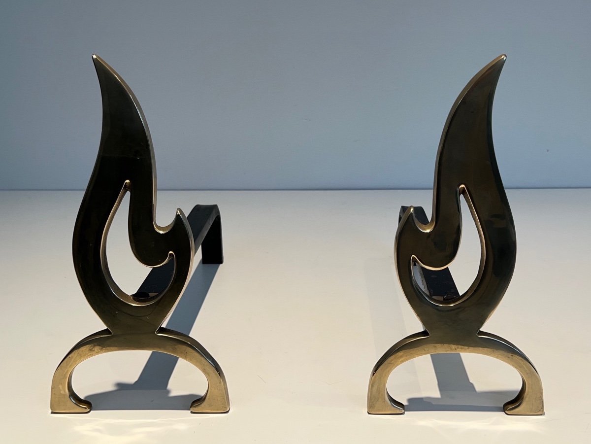 Pair Of Flame Brass Andirons-photo-8
