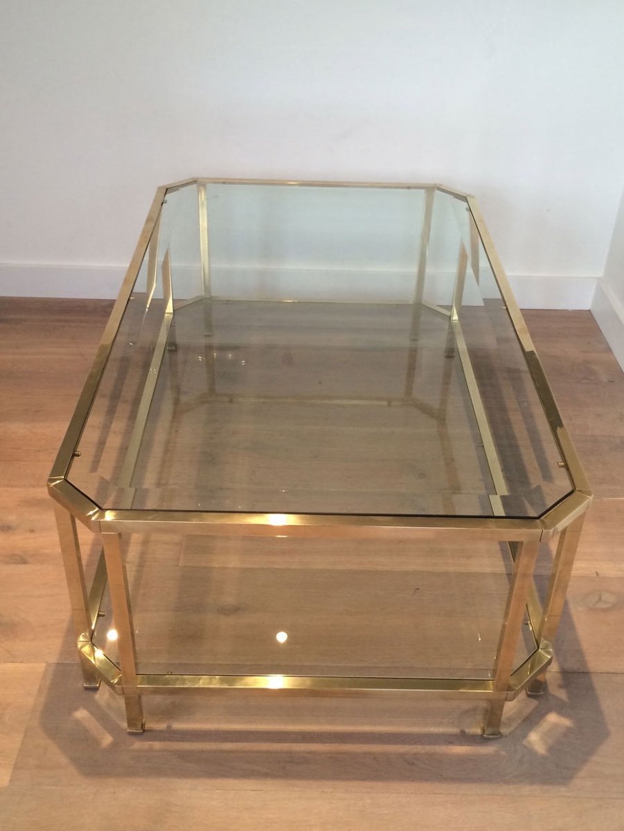 Octogonal Two Tiers Brass Coffee Table. Top Glass Shelf Is Beveled. French Work. Circa 1970-photo-2