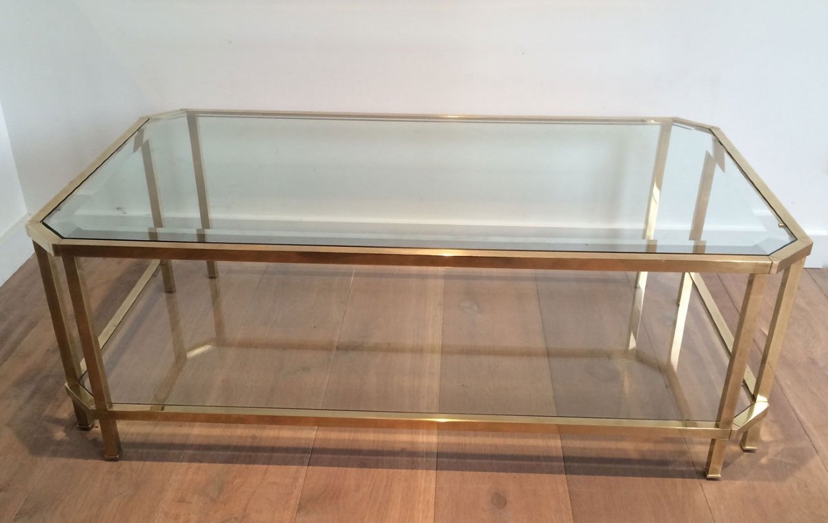 Octogonal Two Tiers Brass Coffee Table. Top Glass Shelf Is Beveled. French Work. Circa 1970-photo-4