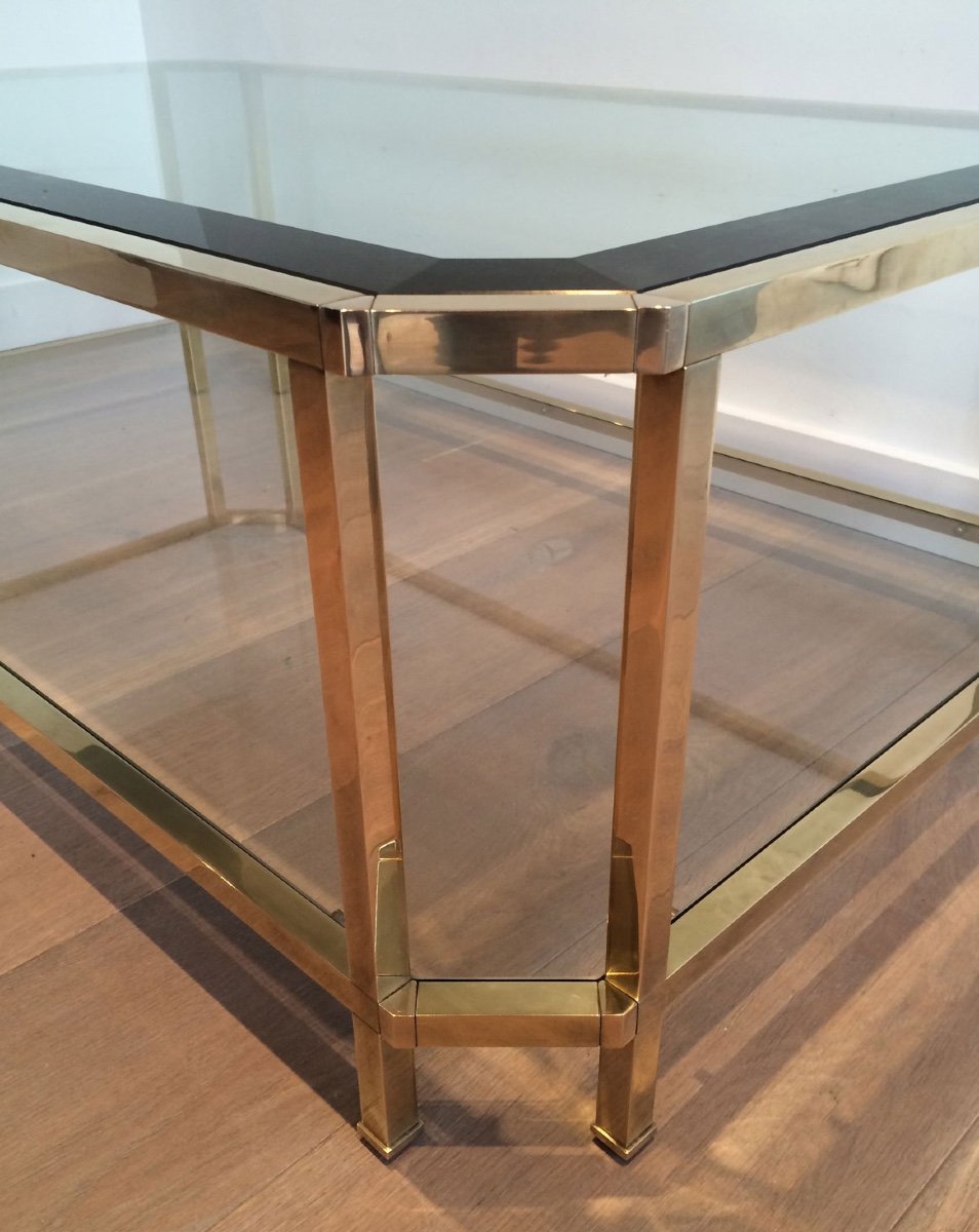 Octogonal Two Tiers Brass Coffee Table. Top Glass Shelf Is Beveled. French Work. Circa 1970-photo-1