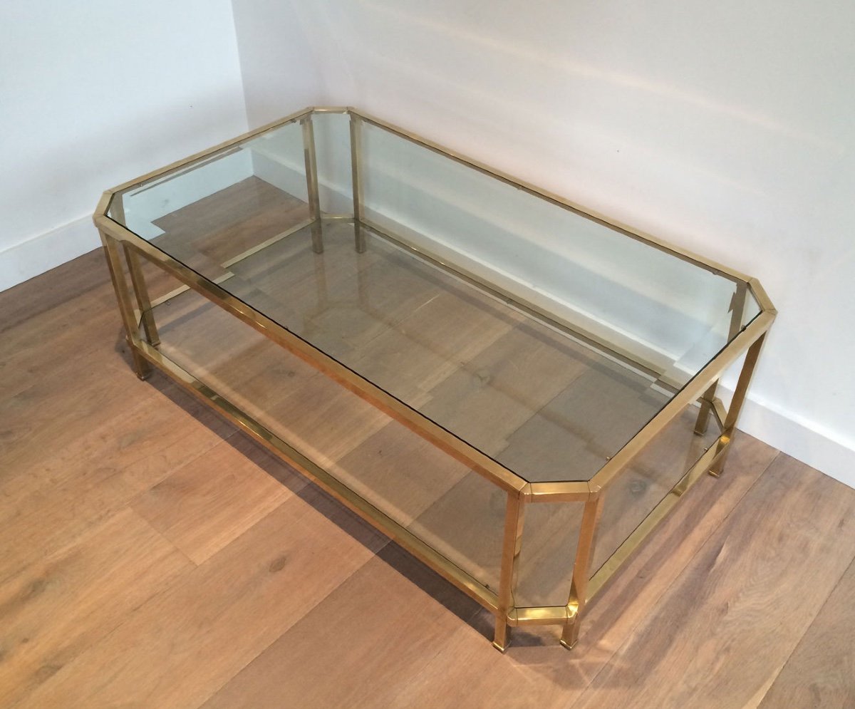 Octogonal Two Tiers Brass Coffee Table. Top Glass Shelf Is Beveled. French Work. Circa 1970-photo-8