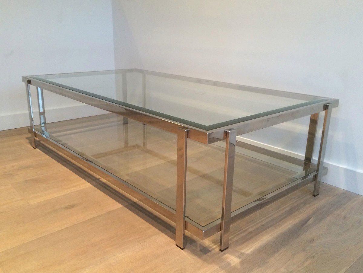 Chromed Coffee Table With Two Glass Shelves. French Work. Vintage. Circa 1970-photo-3