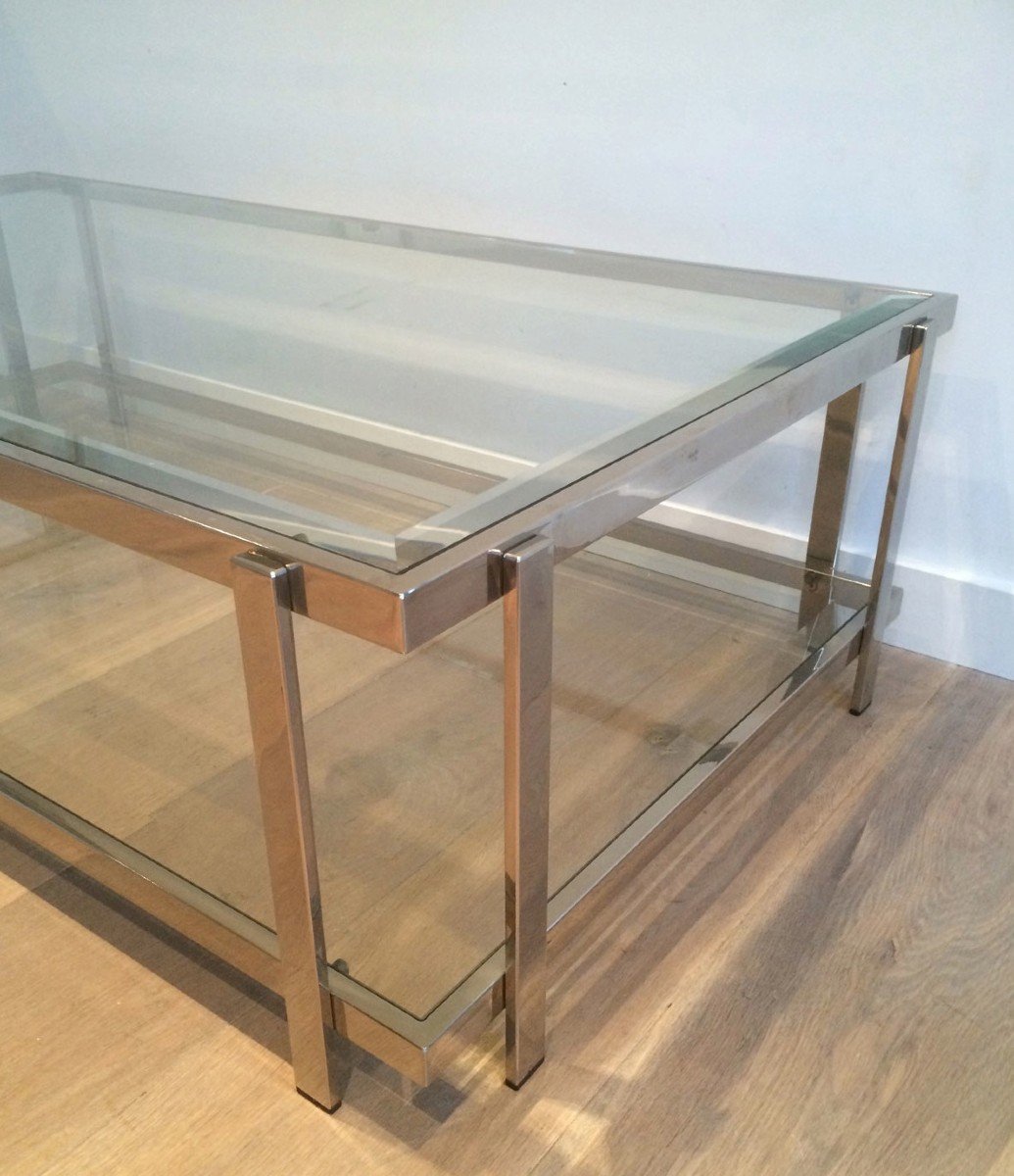 Chromed Coffee Table With Two Glass Shelves. French Work. Vintage. Circa 1970-photo-1