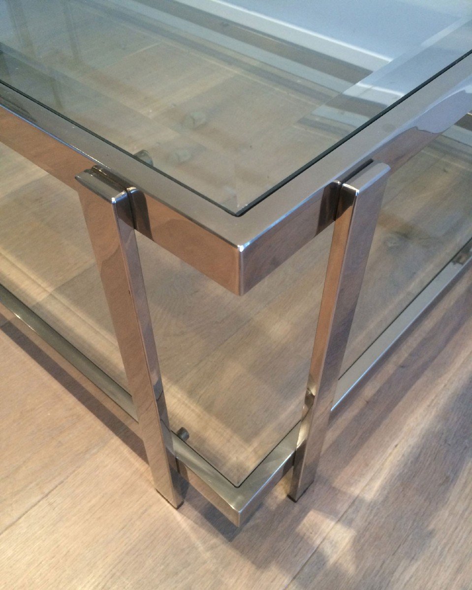 Chromed Coffee Table With Two Glass Shelves. French Work. Vintage. Circa 1970-photo-2