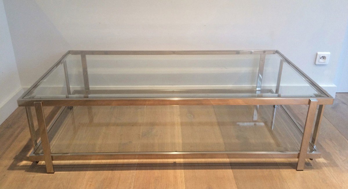 Chromed Coffee Table With Two Glass Shelves. French Work. Vintage. Circa 1970-photo-5