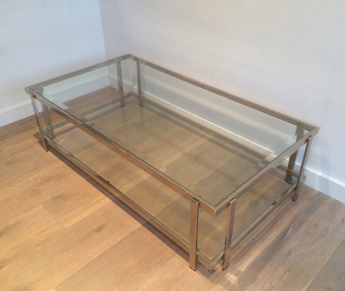 Chromed Coffee Table With Two Glass Shelves. French Work. Vintage. Circa 1970-photo-6