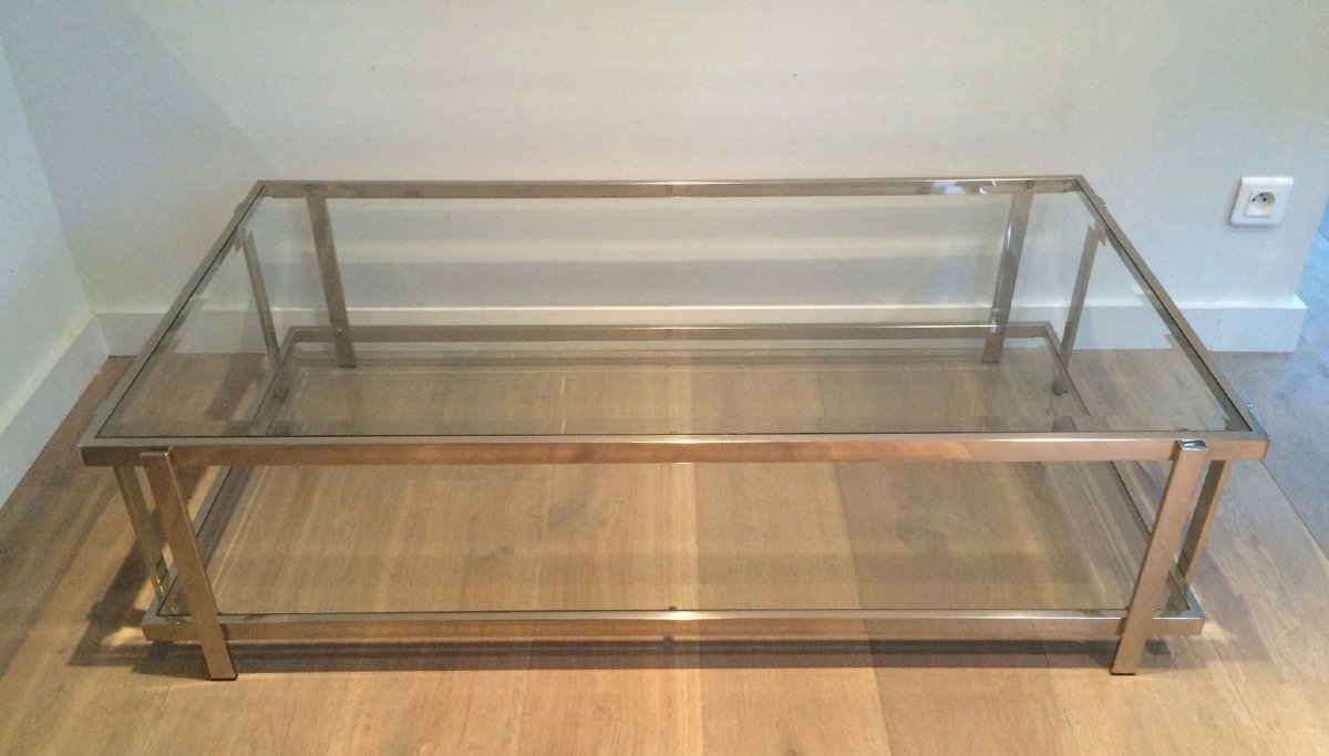 Chromed Coffee Table With Two Glass Shelves. French Work. Vintage. Circa 1970-photo-7