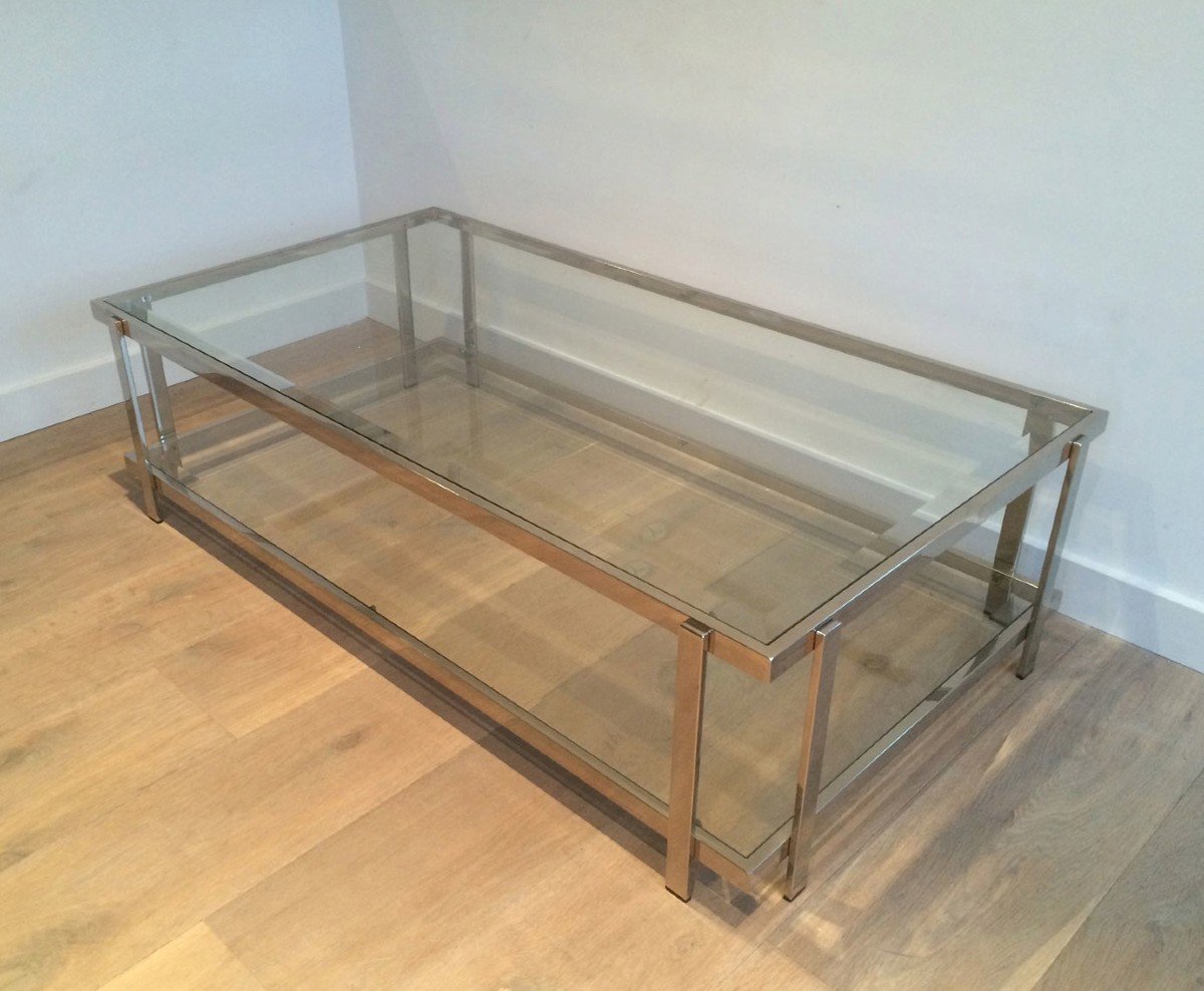 Chromed Coffee Table With Two Glass Shelves. French Work. Vintage. Circa 1970-photo-8