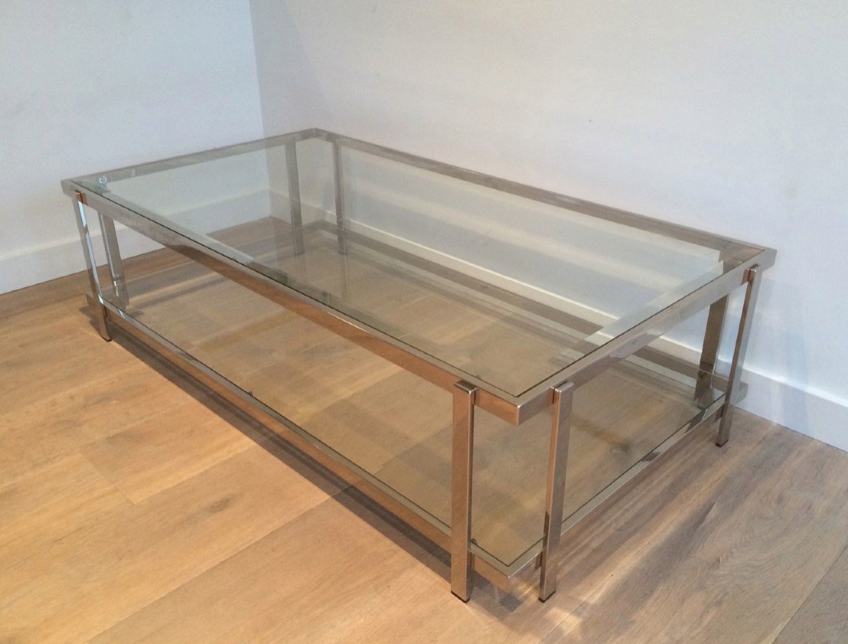 Chromed Coffee Table With Two Glass Shelves. French Work. Vintage. Circa 1970