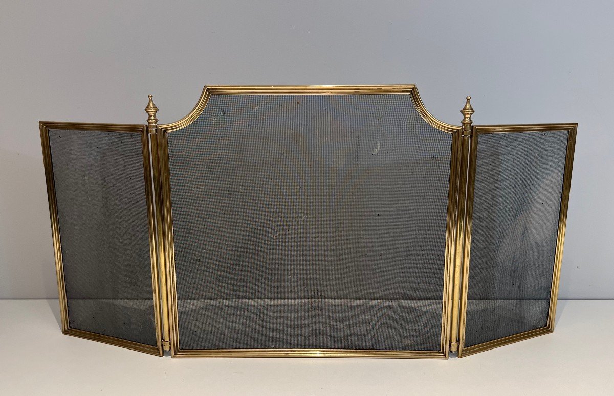 Neoclassical Style Brass And Grilling 3 Panels Fireplace Screen. French Work. Circa 1970-photo-2