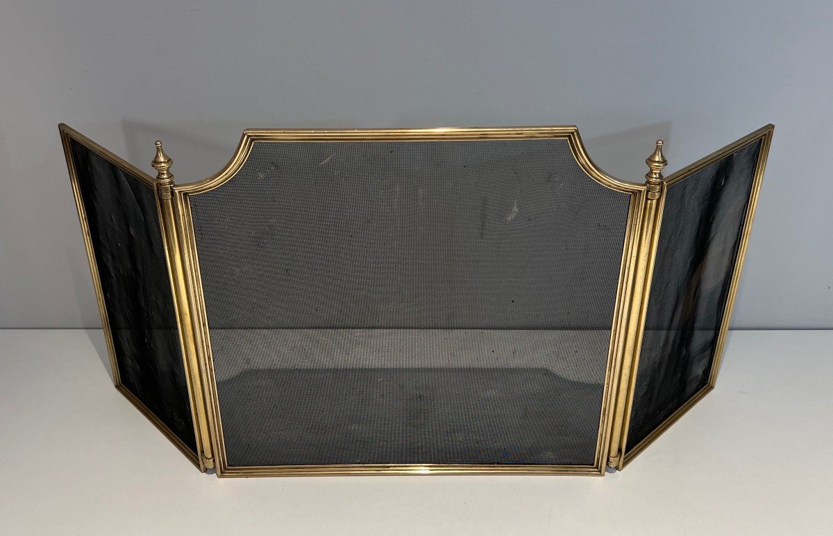 Neoclassical Style Brass And Grilling 3 Panels Fireplace Screen. French Work. Circa 1970-photo-7