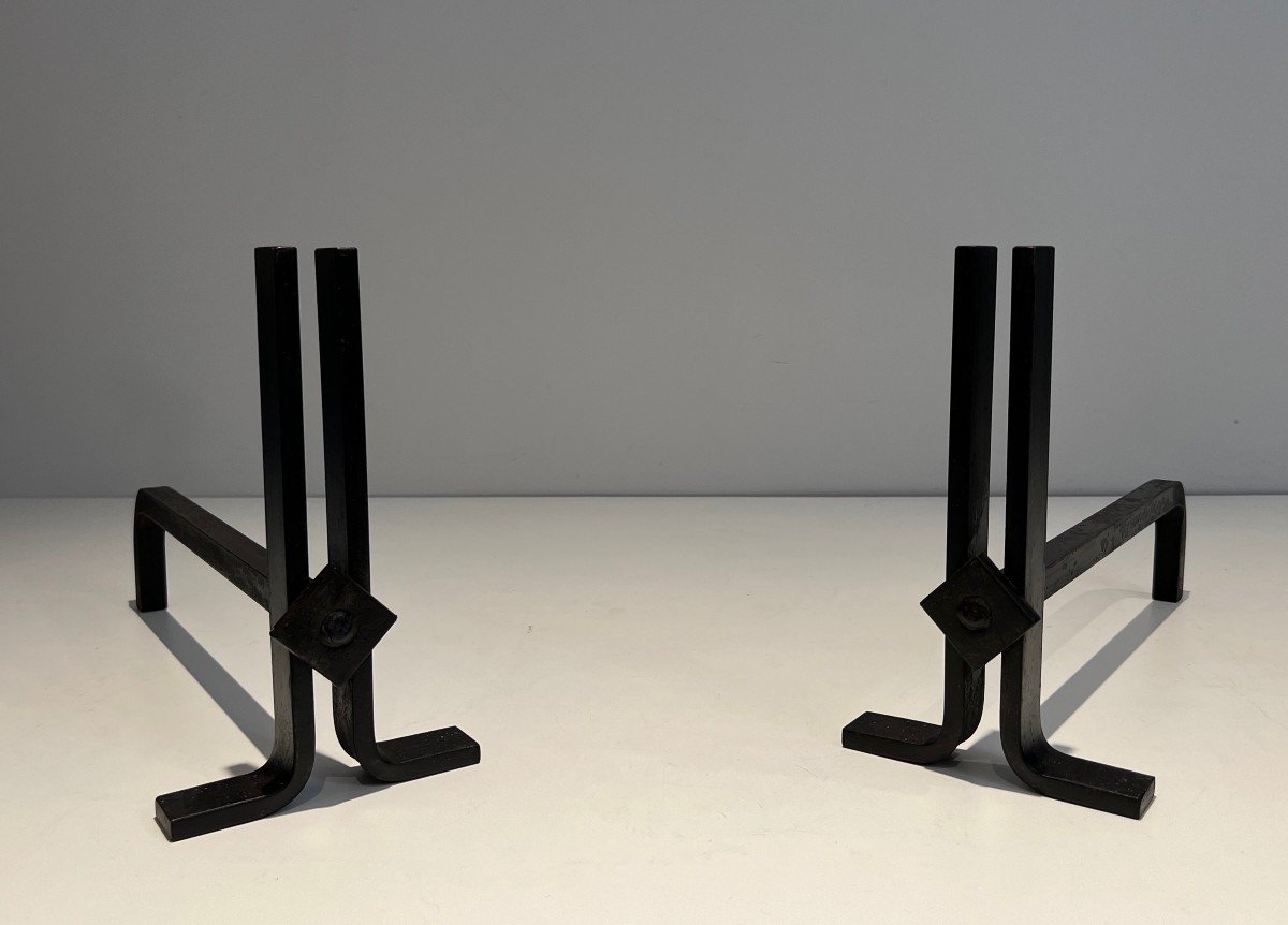 Pair Of Modernist Wrought Iron Andirons. French Work. Circa 1970-photo-7