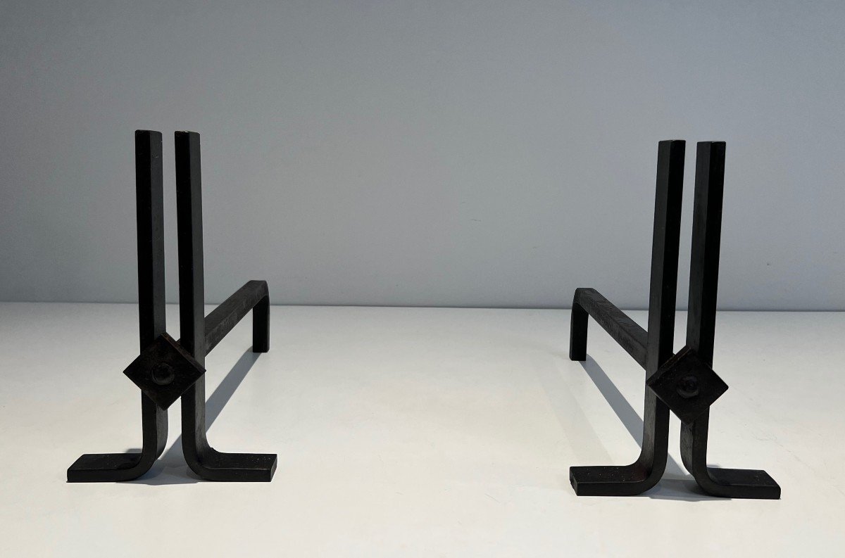 Pair Of Modernist Wrought Iron Andirons. French Work. Circa 1970