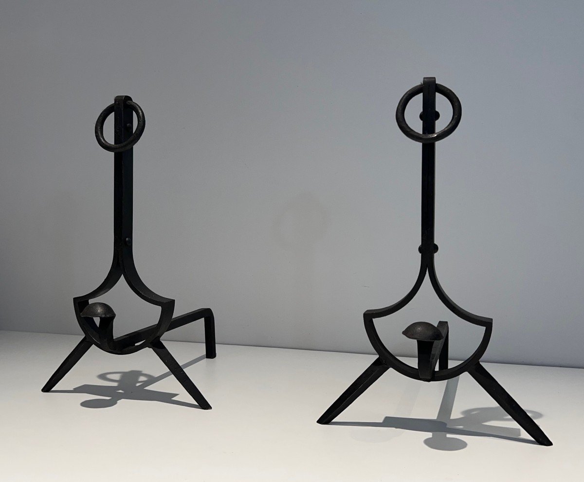 Pair Of Modernist Andirons In Cast Iron And Wrought Iron. French Work. Circa 1970-photo-4