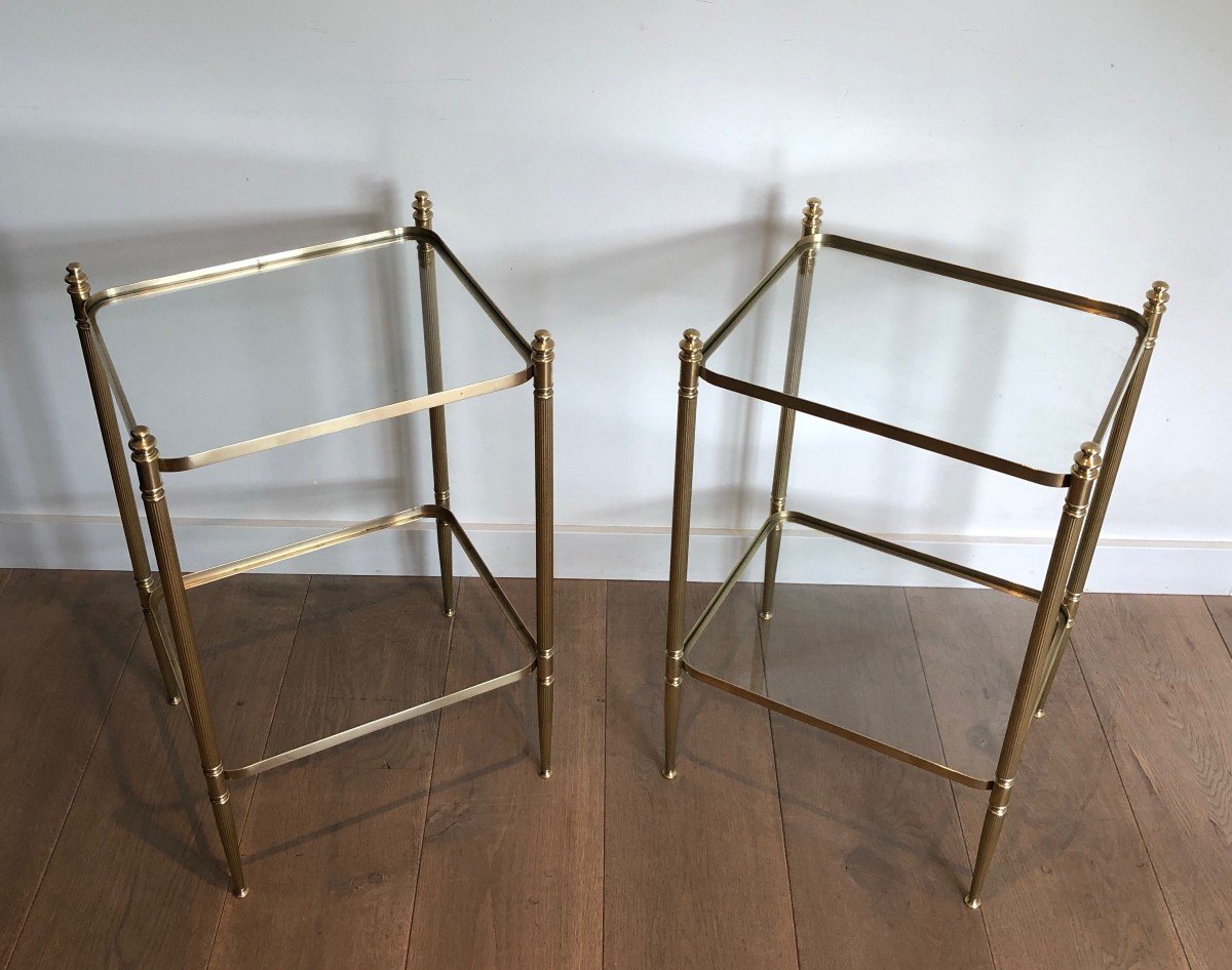 Pair Of Neoclassical Style Brass Side Tables With Fluted Legs And Rounded Corners-photo-8