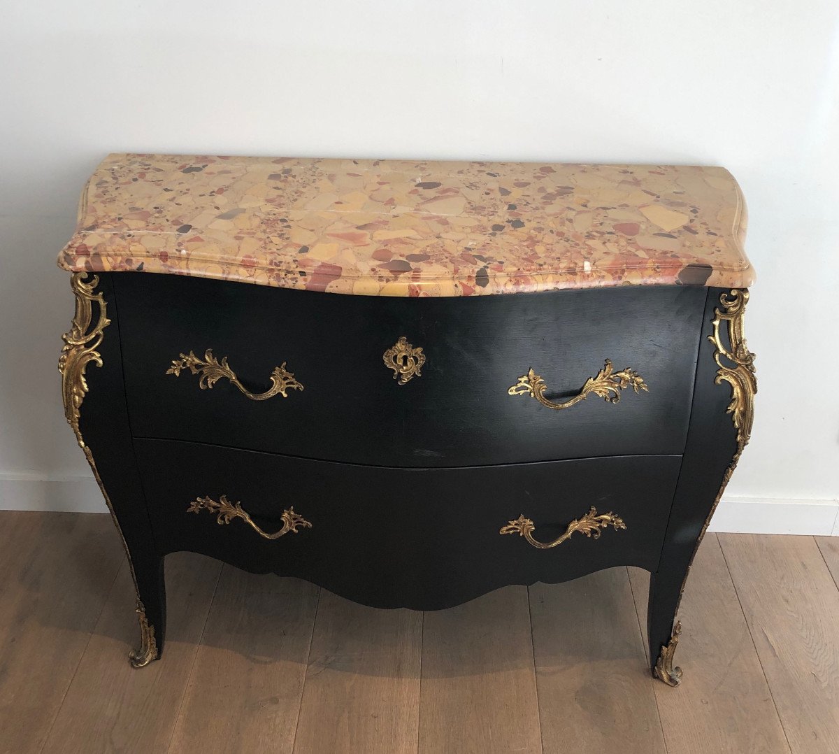 Curved Ebonized Chest Of Drawers With Bronze Elements And A Nice Marble Top-photo-2