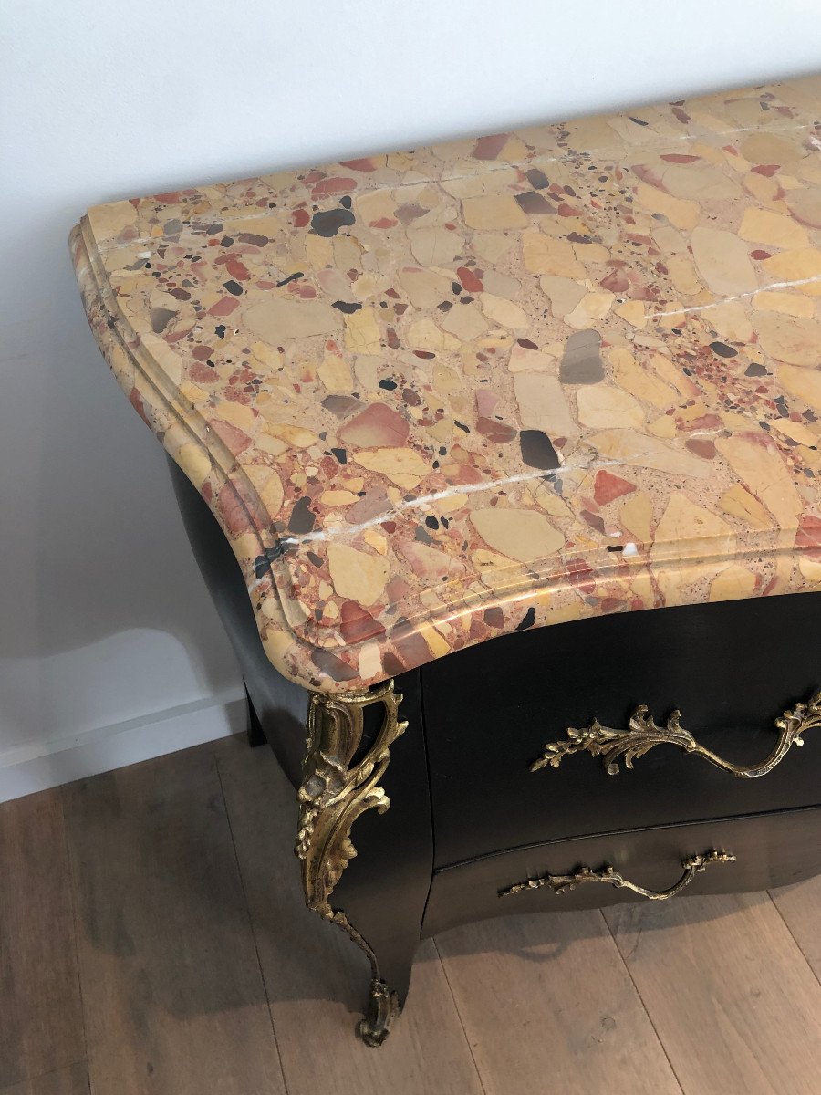 Curved Ebonized Chest Of Drawers With Bronze Elements And A Nice Marble Top-photo-1