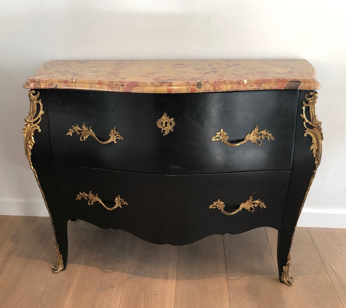 Curved Ebonized Chest Of Drawers With Bronze Elements And A Nice Marble Top-photo-8