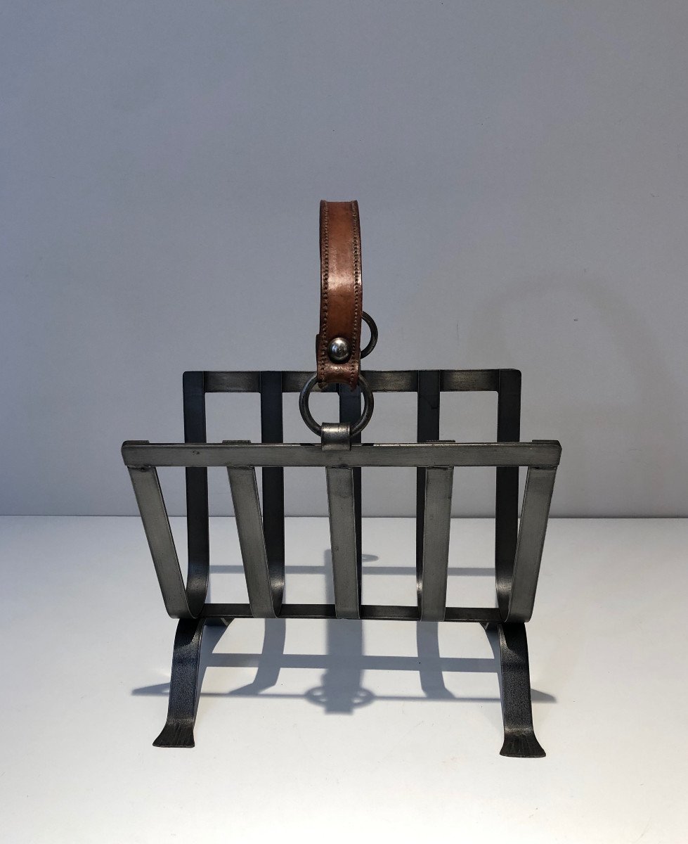 Steel And Leather Magazine Rack. French Work In The Style Of Jacques Adnet. Circa 1950-photo-2