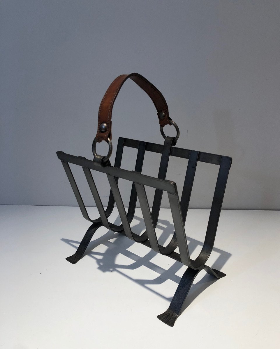 Steel And Leather Magazine Rack. French Work In The Style Of Jacques Adnet. Circa 1950-photo-1