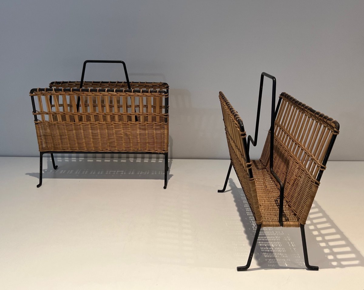 Pair Of Rattan And Black Lacquered Magazine Rack. French Work. Circa 1950-photo-3