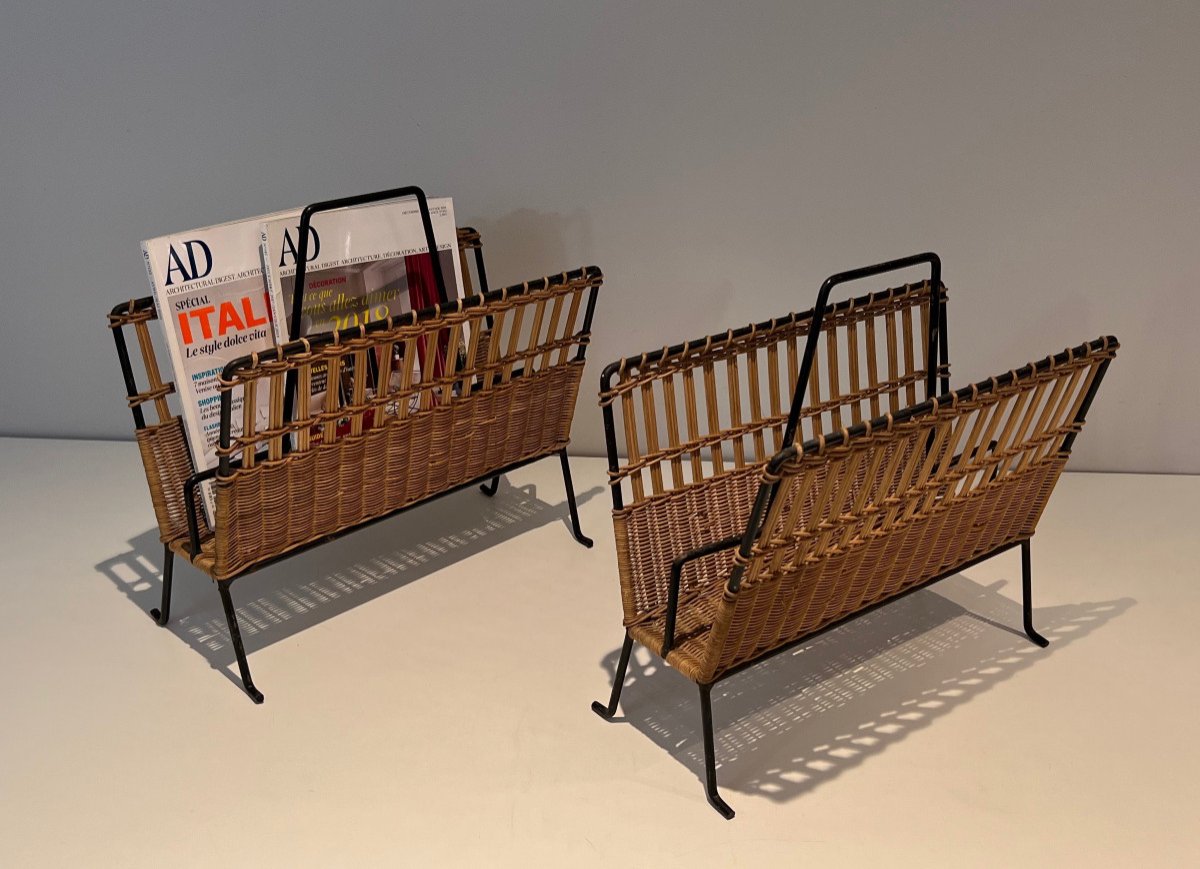 Pair Of Rattan And Black Lacquered Magazine Rack. French Work. Circa 1950-photo-7