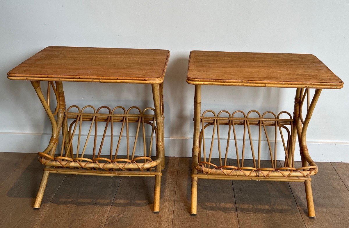 Pair Of Rattan Side Tables Magazine Racks. French Work. Circa 1950-photo-2