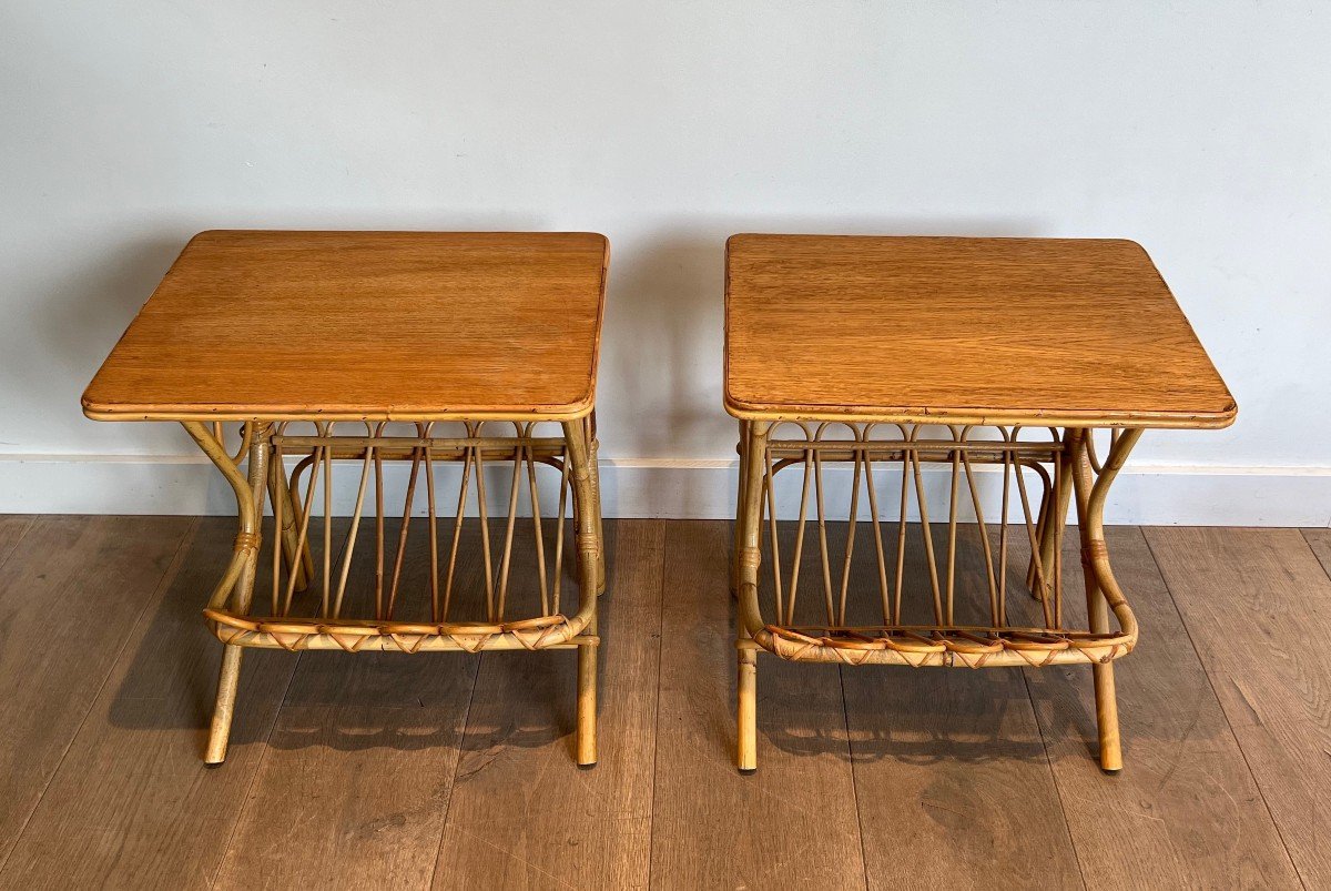 Pair Of Rattan Side Tables Magazine Racks. French Work. Circa 1950-photo-3