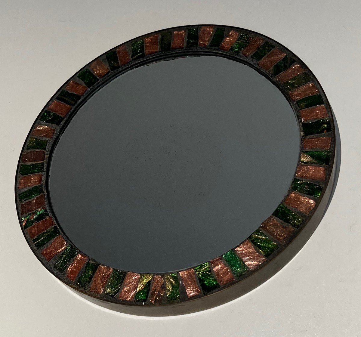 Round Glazed Ceramic Mirror Surrounded By A Brass Band. French Work. Circa 1950-photo-1