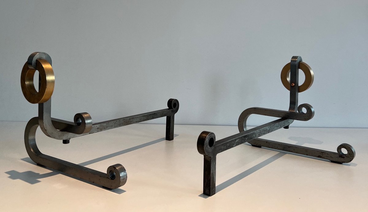 Pair Of Modernist Chromed Steel, Brass And Iron Andirons. French Work. Circa 1970-photo-3