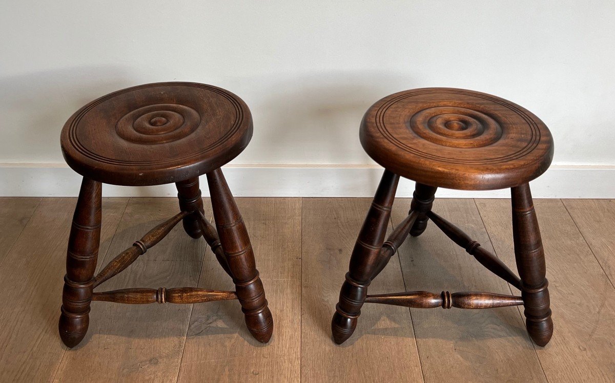 Paire De Tabourets En Bois Tourné. Travail Français Attribués à Charles Dudouyt. Vers 1950-photo-7