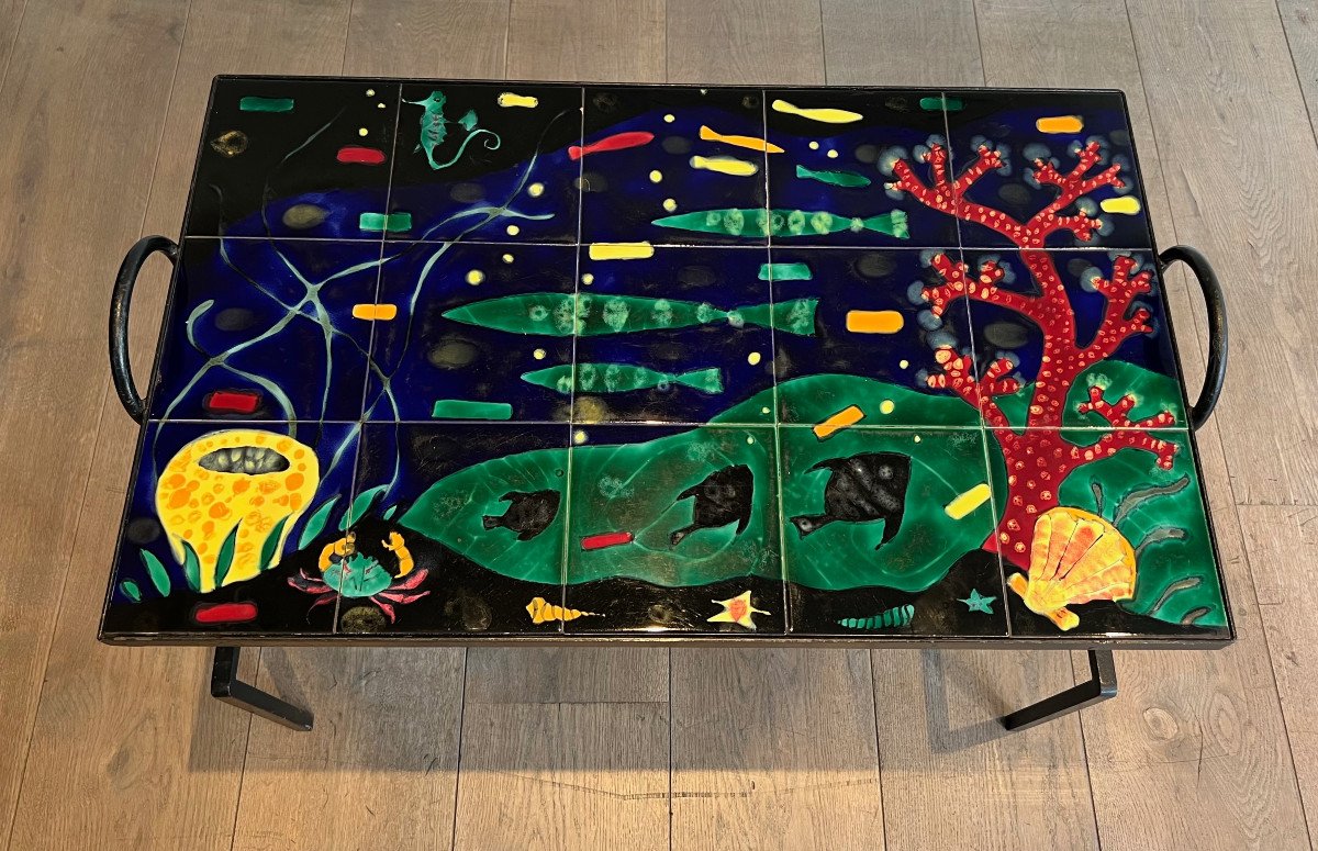 Black Lacquered Metal And Ceramic Coffee Table Decorated With Stylized Fish And Corals. French Work In The Style Of Jacques Adnet. Circa 1950-photo-1