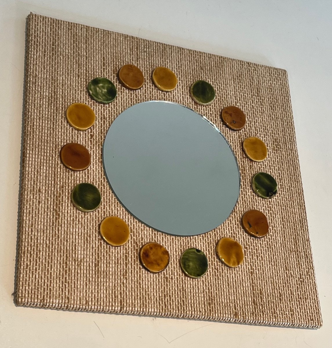 Small Square Mirror Made Of Raffia En Colored Ceramics Round Elements. French Work. Circa 1950-photo-2