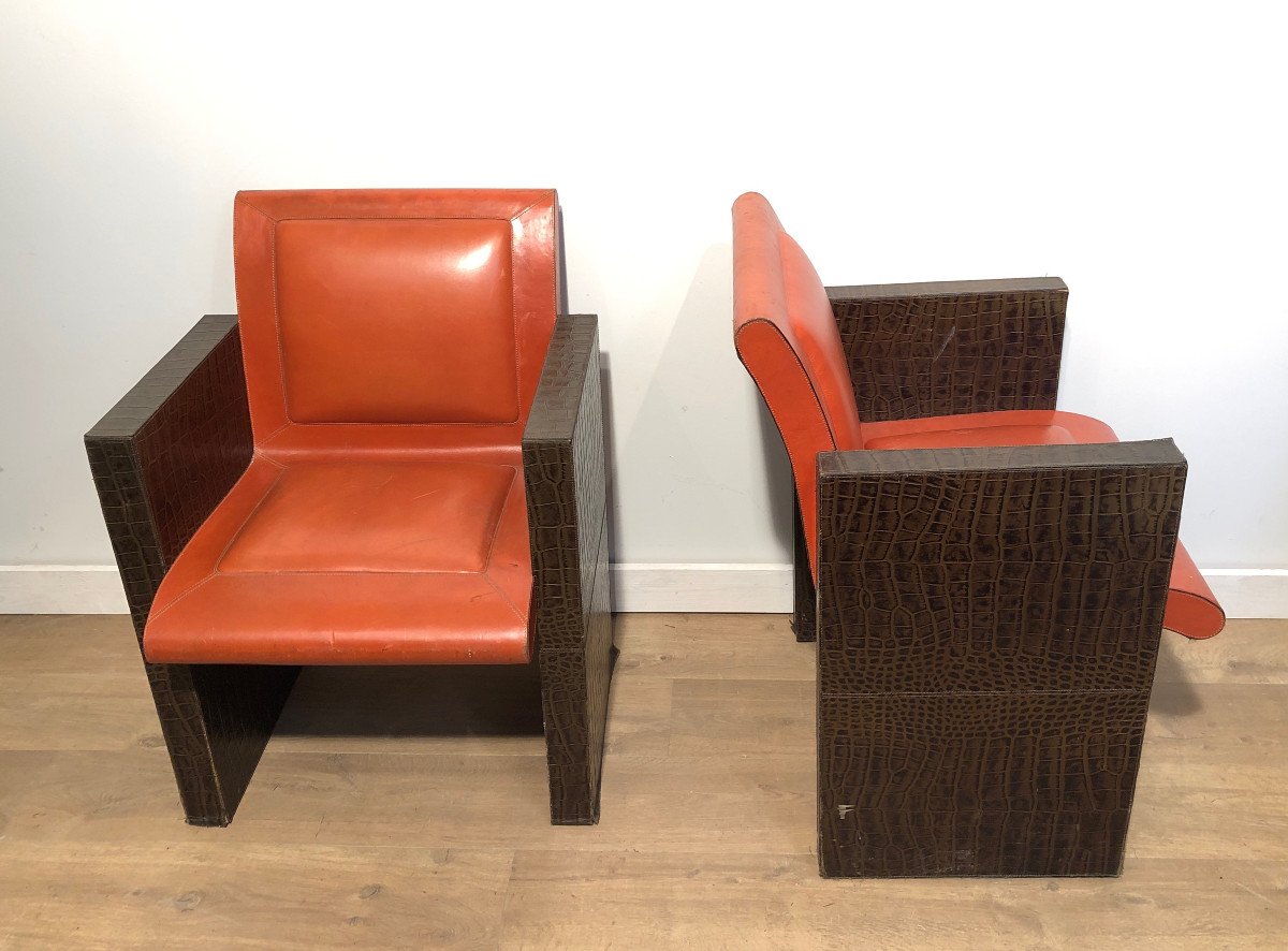 Pair Of Orangeish And Brown Leather Armchairs (a Third One Is Available). French Work.-photo-3