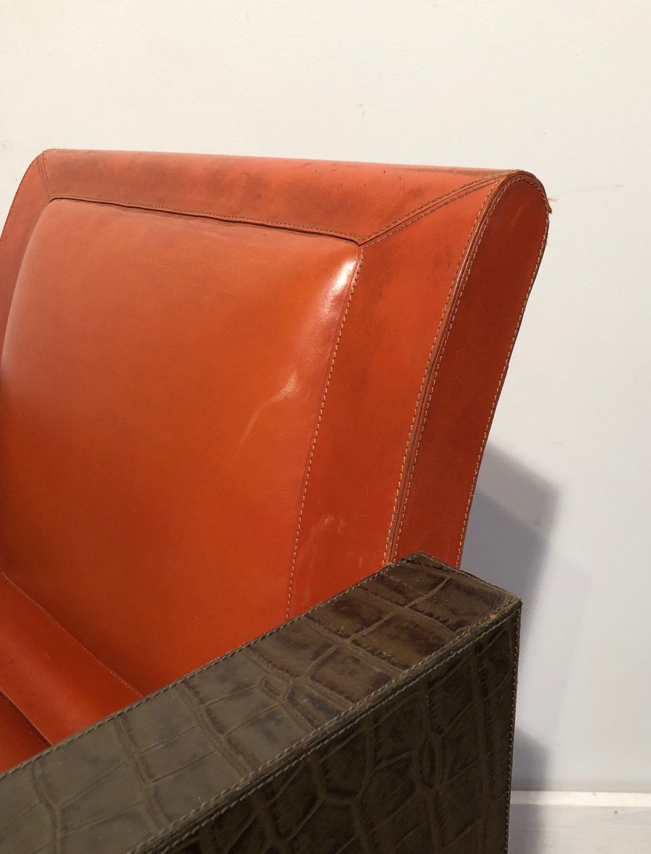 Pair Of Orangeish And Brown Leather Armchairs (a Third One Is Available). French Work.-photo-4