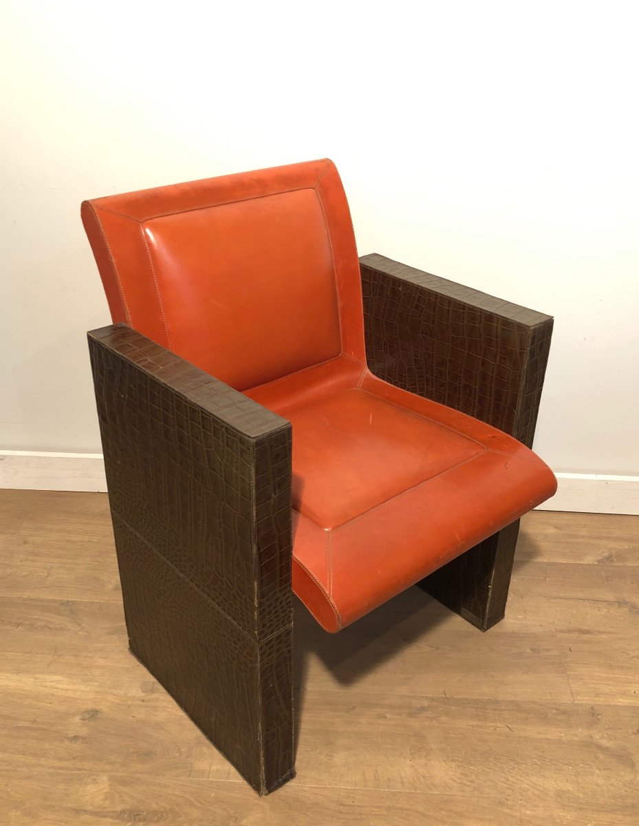 Set Of 3 Brown And Orange Leather Armchairs (can Be Sold Individually). French Work. Around 1970-photo-1