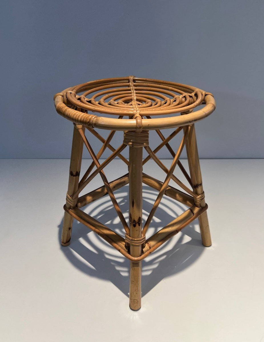 Rattan Stool. French Work In The Style Of Jean Royère. Circa 1970-photo-2