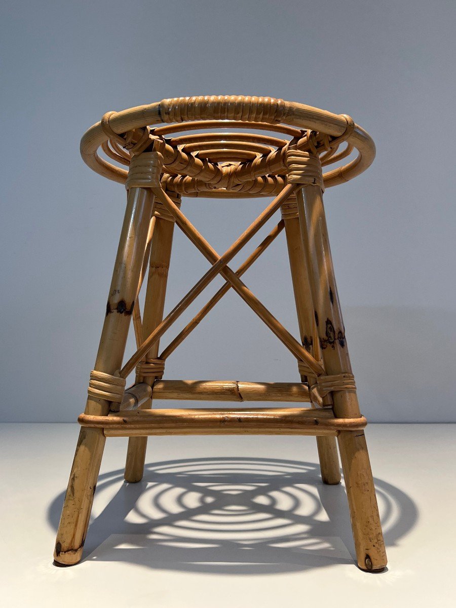 Rattan Stool. French Work In The Style Of Jean Royère. Circa 1970-photo-4