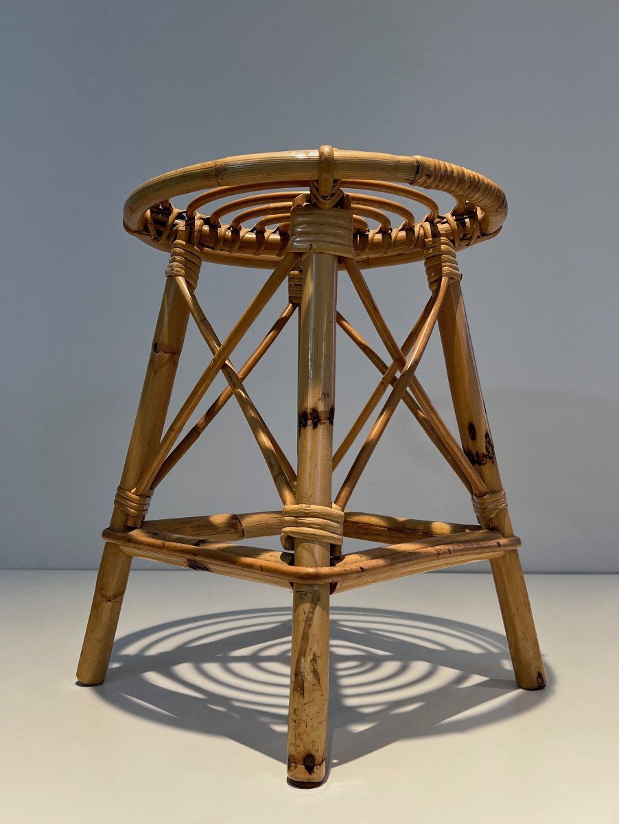 Rattan Stool. French Work In The Style Of Jean Royère. Circa 1970-photo-1