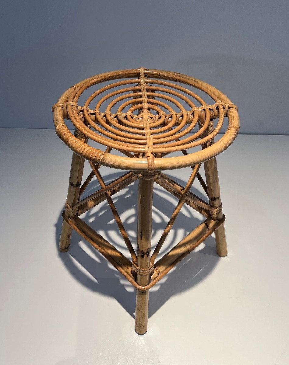 Rattan Stool. French Work In The Style Of Jean Royère. Circa 1970-photo-2