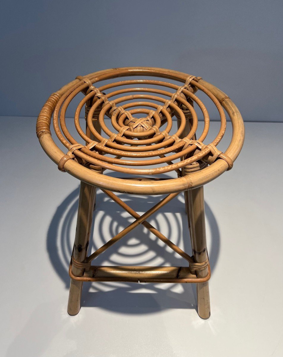 Rattan Stool. French Work In The Style Of Jean Royère. Circa 1970-photo-3