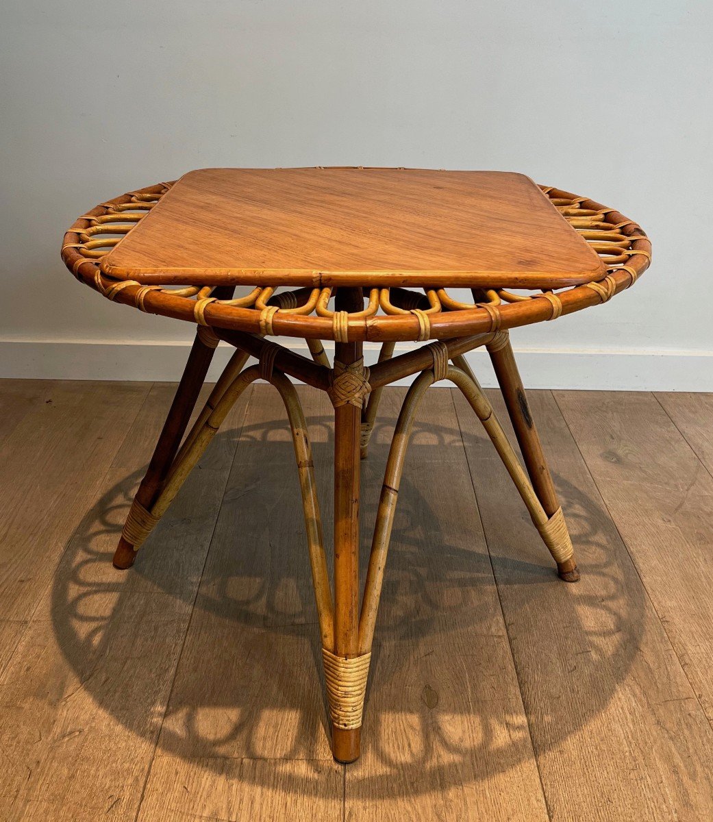 Round Trampoline, Rattan Coffee Table. French Work. Circa 1950-photo-3