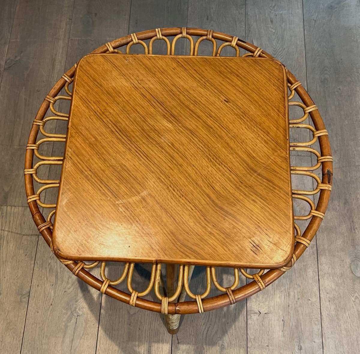 Round Trampoline, Rattan Coffee Table. French Work. Circa 1950-photo-1