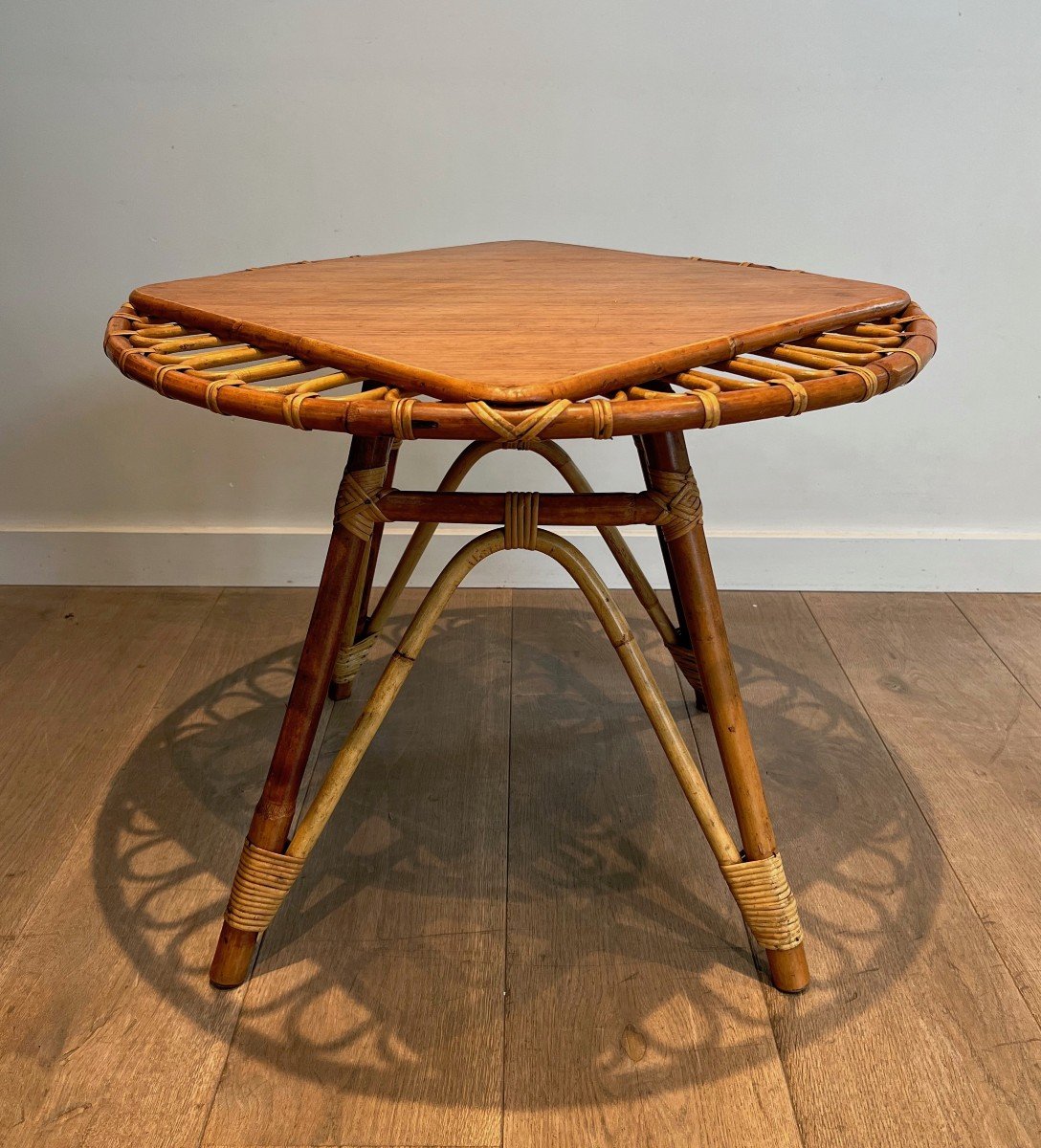 Round Trampoline, Rattan Coffee Table. French Work. Circa 1950-photo-7