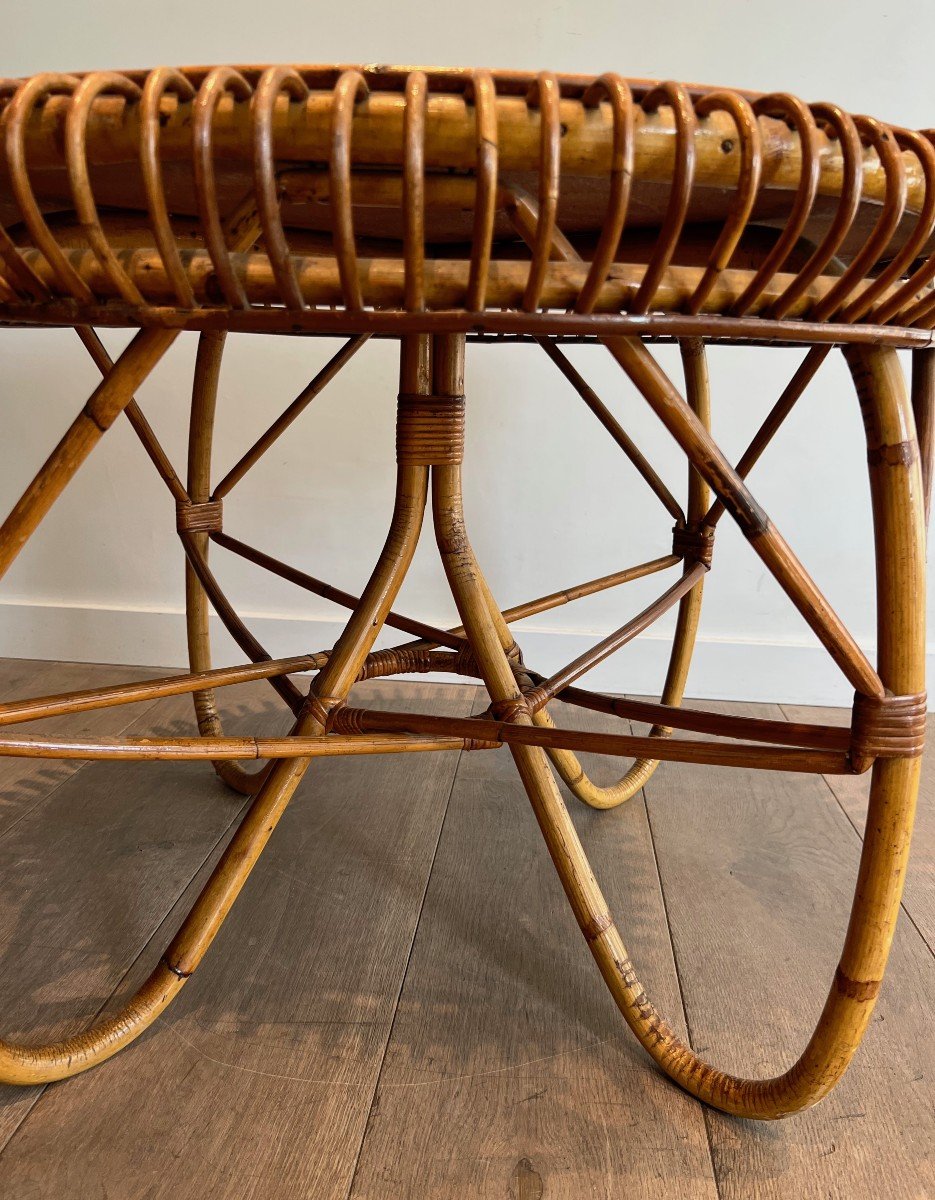 Table basse ronde en rotin à plateau de bois. Travail Italien de Franco Albini. Vers 1950-photo-6