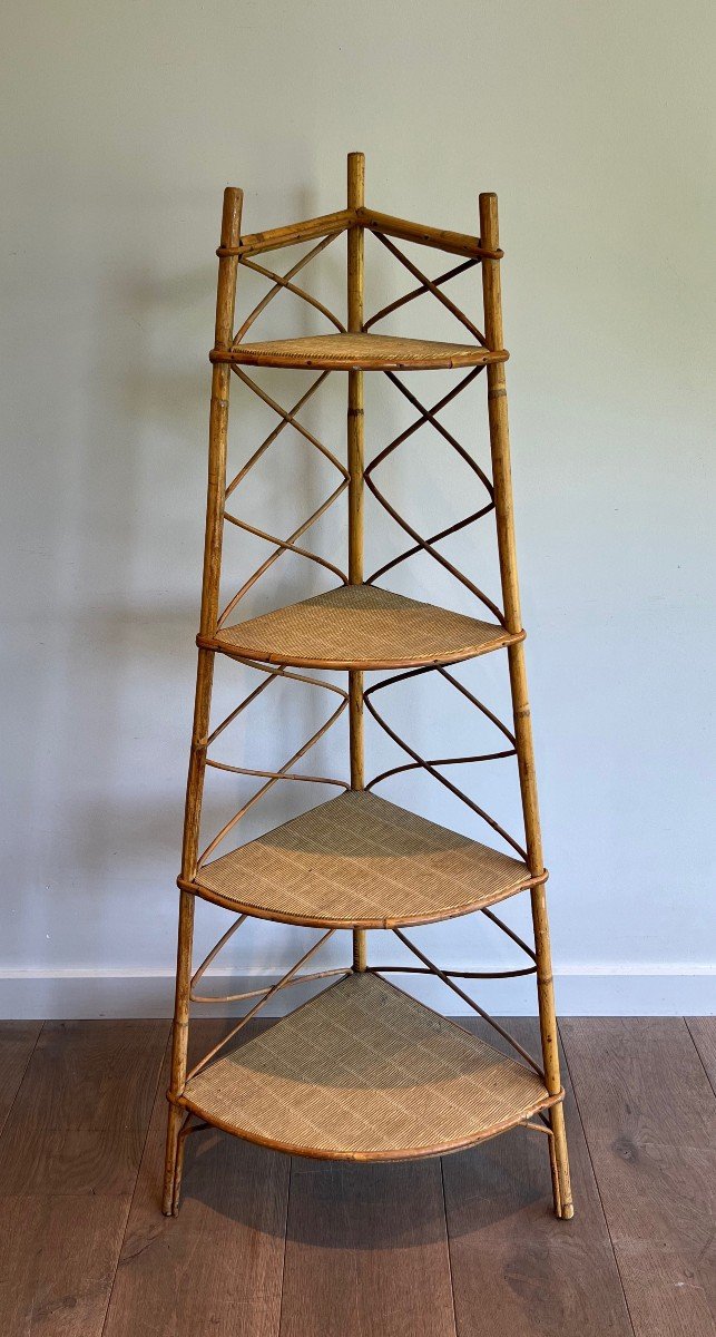 Corner Rattan Shelves Unit. French Work By Adrien Audoux Et Frida Minet. Circa 1950