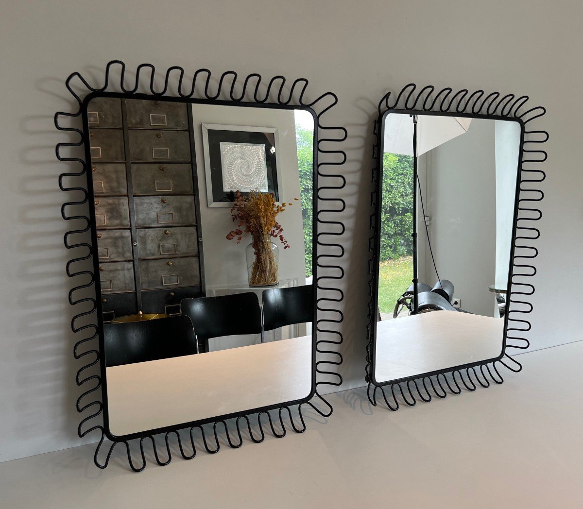 Pair Of Mirrors In Black Lacquered Metal. French Work In The Taste Of Jean Royère. Around 1980-photo-5