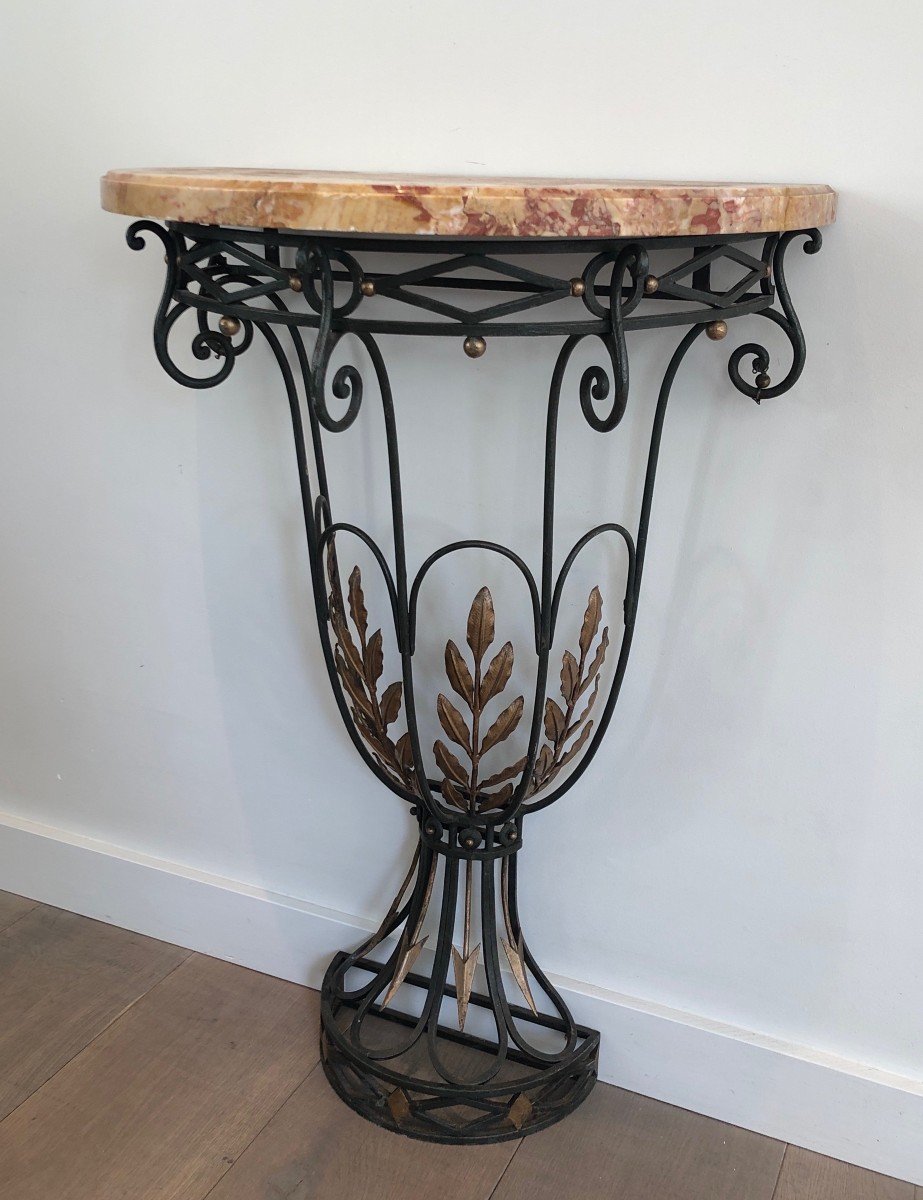 Petite Console Demi-lune En Fer Forgé à Décors De Feuilles Et De Flêches Et à Plateau De Marbre-photo-6