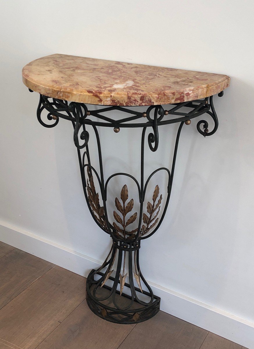 Petite Console Demi-lune En Fer Forgé à Décors De Feuilles Et De Flêches Et à Plateau De Marbre-photo-7